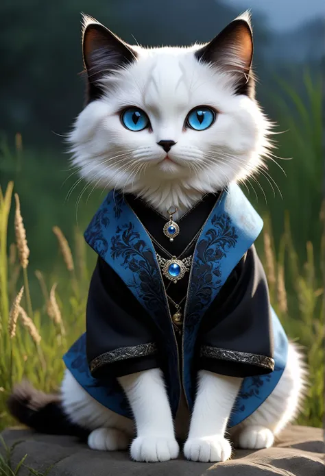 Cat breed：rag doll
Coat color and pattern ： Bicolor gray and blue
Outfit ：white and black design
physical characteristics： Big body and deep gaze 、 Forehead pattern imitating a third eye
accessory： earrings wrapped in black fabric
Props ：small sword
Pose ：...