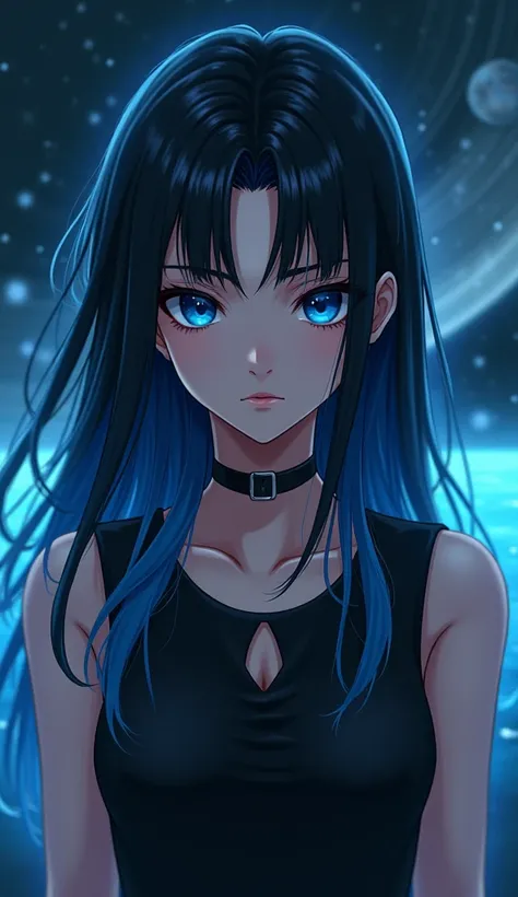 Black-haired girl with tips painted blue with strong blue eyes with serious eyes wearing black sleeveless t-shirt with neckline in the universe 