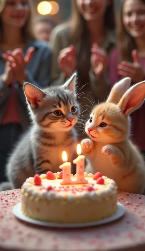 Image format for tik tok 9:16. very happy kitten in front of the birthday cake, the beautiful and tasty cake written kitty with birthday candle with number, and the kitten is eating a piece of the cake, with his very cute bunny friend and they are talking ...