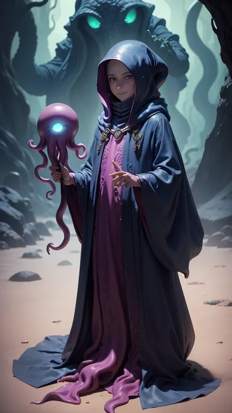 small mindflayer slime , tentacled slime creature, tentacle monster, illithid slime, from pathfinder, big tentacle sneak around, mind flayer, his trunk is a long tentacle smiled, tentacle beast, cthulhu squid slime