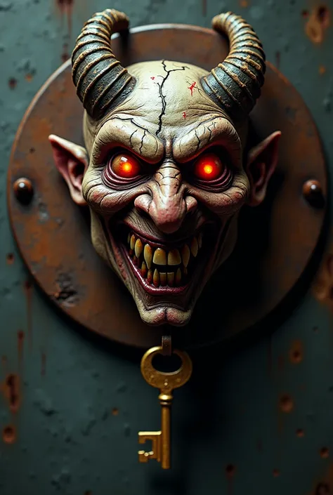 "Create a scary demon face mounted on a circular rusty metal plate, with glowing red eyes, sharp fangs, and cracked skin covered in bloodstains. The demon has curved horns and a sinister grin, with a key attached below its chin as part of the design. The b...