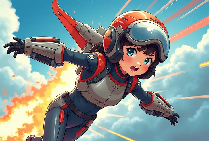 A colorful manga-style illustration of a 15-year-old girl personified from a sleek, streamlined fighter jet. The girl wears armor that mimics the surface of the fighter jet, with boosters attached to the wing parts on her back, allowing her to fly at sonic...