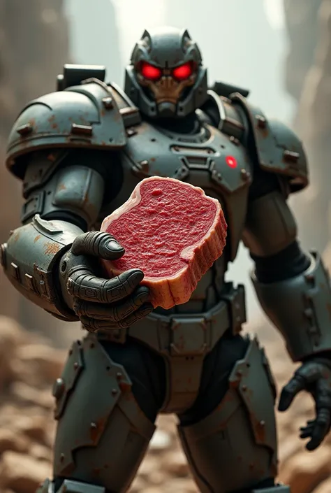 Doomguy holding minecraft steak