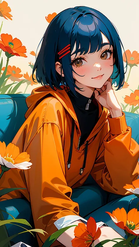  one girl、solo、 dark blue hair 、 bob cut from the front、 jet black brown eyes 、 tie your hair with an orange hair clip、Slightly smiling 、Laughter、 upper body lying on sofa、 red hoodie、 cosmos is in full bloom 、Outdoors、Sunny day