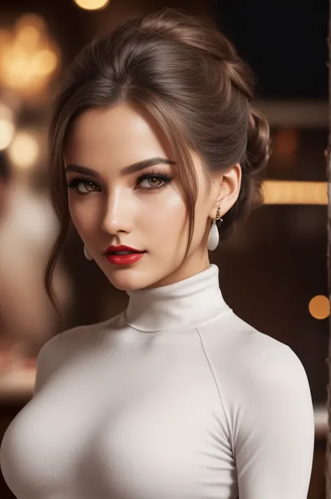 photo of extremely sexy (s0fv3rgara-140:0.99), a woman as a sexy student, closeup portrait upsweep updo, (white tight long sleeve turtleneck top), at a cantina sitting bar (masterpiece:1.5) (photorealistic:1.1) (bokeh) (best quality) (detailed skin texture...