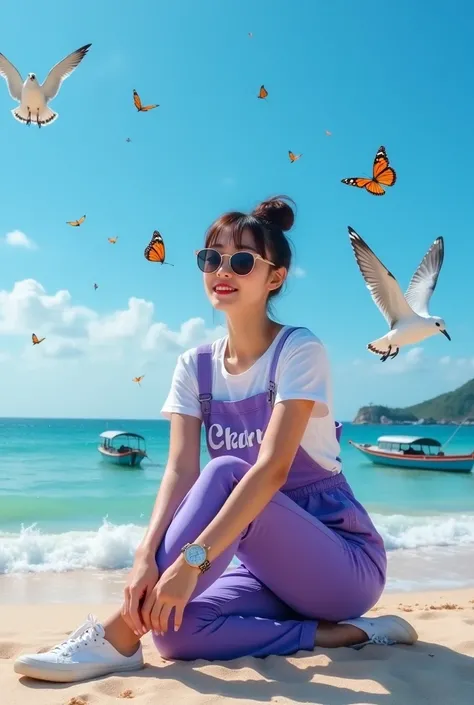 Beautiful Indonesian woman, smooth white skin, well-groomed face, Korean-style bun with bangs, white t-shirt, wearing (a purple jumpsuit that says "CHIARA"), wearing sunglasses, a cool watch, wearing white shoes, sitting posing on the beach , surrounded by...