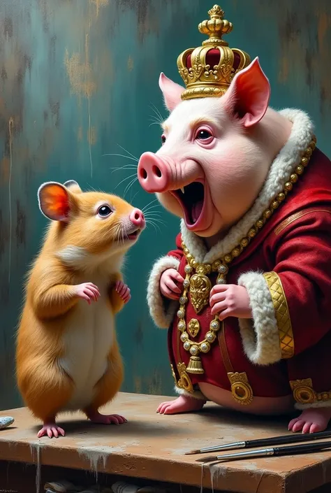 An angry artist is drawing a picture of a hamster insulting and criticizing the pig, which is the symbol of royalty. 