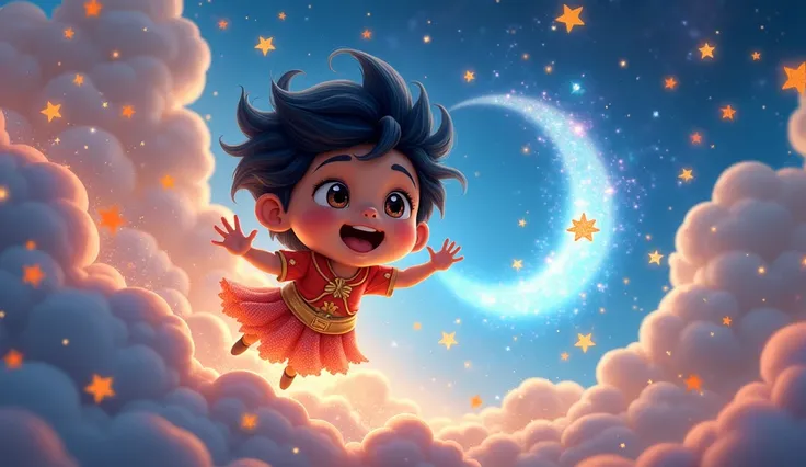 A magical dream world full of vibrant colors. Floating stars, soft clouds, and sparkles in the background. Chintu is seen floating or exploring with a surprised yet happy expression on his face.
