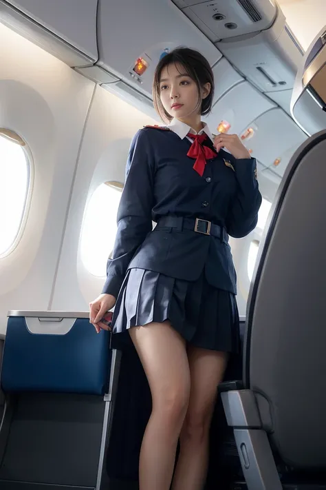 ((masterpiece,  best quality)),woman , (brown〜 black hair, Bob Hairstyle, Square face), ( medium breasts), (Curvy,  muscular body flowing through a bowl), (natural skin), foot, ( stewardess uniform with open chest:1.3), ( seductive expression :1.2),  jewel...