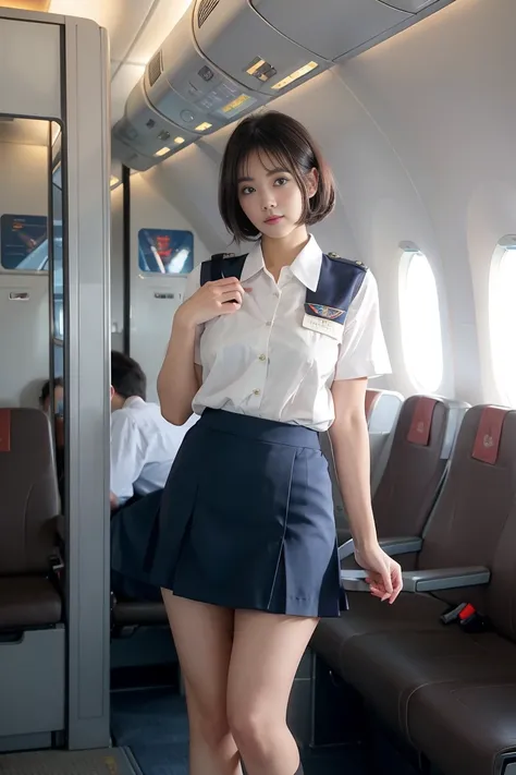 ((masterpiece,  best quality)),woman , (brown〜 black hair, Bob Hairstyle, Square face), ( medium breasts), (Curvy,  muscular body flowing through a bowl), (natural skin), foot, ( stewardess uniform with open chest:1.3), ( seductive expression :1.2),  jewel...