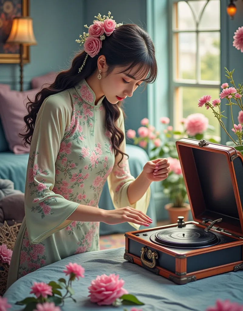 polaroid, film, graininess a elegant and dignified woman in cheongsam interacting with a vintage-looking vintage record player n...