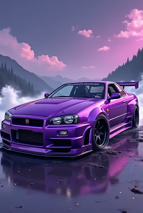 purple car with a hood on and a hood on, nissan gtr r 34, cobbled together nissan r34 gtr, wallpaper mobile, wide body, in a modified nissan skyline r34, purple body, anime car wrap, purple - tinted, striking detailed artstyle, sports car, tunning, sportca...