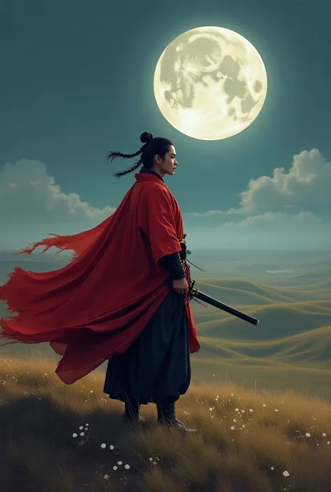 masterpiece, best quality, samurai in red kimono, cloth flowing in the air, moon, boreal steppe, sfw