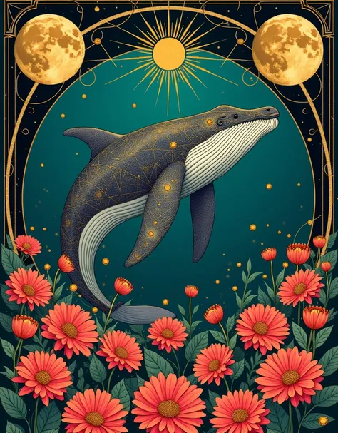 An Art Deco illustration of a majestic humpback whale rising through a sea of ​​vibrant dahlia flowers, the whales body is stylized with geometric patterns and gold leaf accents, its shape is elongated and graceful. A circular mandala frame surrounds the s...