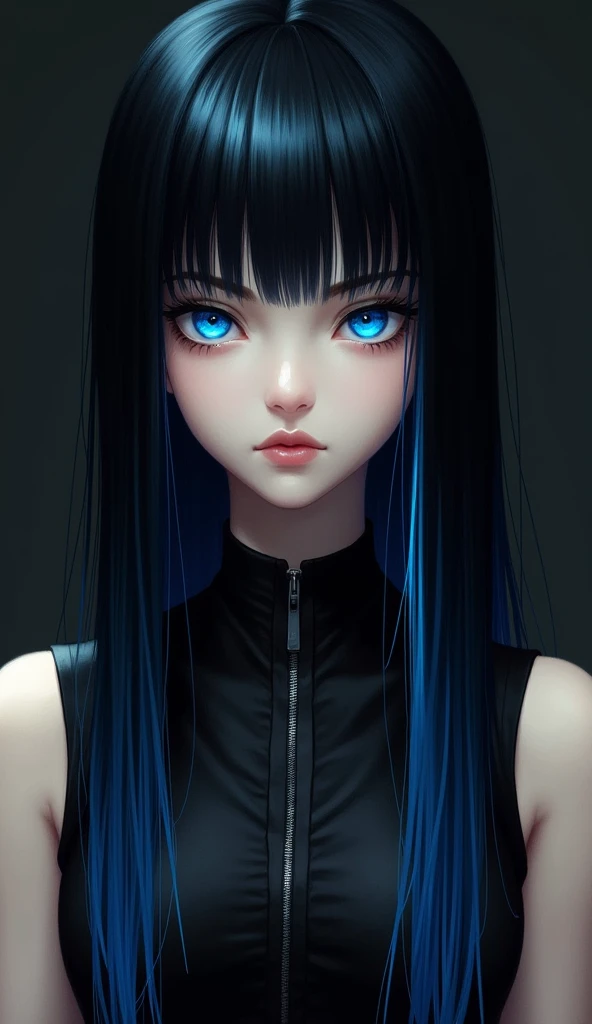 Black-haired girl with tips painted blue with strong blue eyes with serious eyes wearing black sleeveless shirt with neckline 