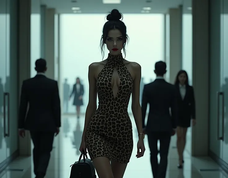  very beautiful woman,  defined and delicate features ,  long black hair styled in a bun ,  long eyelashes ,  black eyes, Crimson lips ,  wearing a tight animal print dress with a marked waist , WITH A BAG,  entering the front door of a full-body company t...