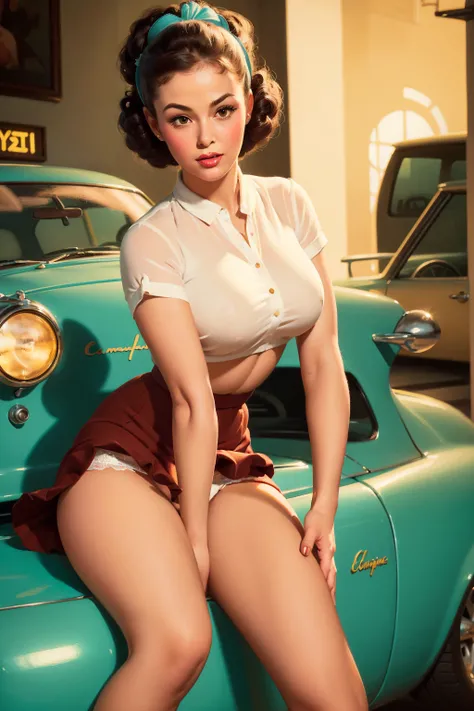 (masterpiece:1.4), (best quality:1.4), retro vintage pin-up style, extremely detailed, intricate, hyper-detailed, (detailed hand, fingers, legs),illustration, soft lighting,,20 years old girl sitting on the chair, vintage, retro pin up style,sexy, , surpri...