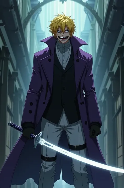 For a cool male anime cinematic character, muscular body, strong body, short emo hair in bright yellow, wearing a winter coat that covers the neck in purple with a colored suit Black, carrying a bright white fish bone shaped sword, wearing white trousers w...