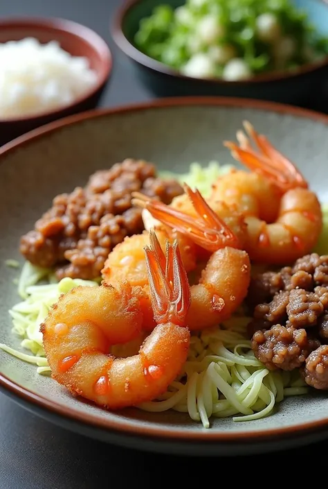 Lunch images
On the main plate, fried shrimp, minced meat, and cutlet croquettes are placed one by one on top of shredded cabbage
One small bowl of miso soup and rice