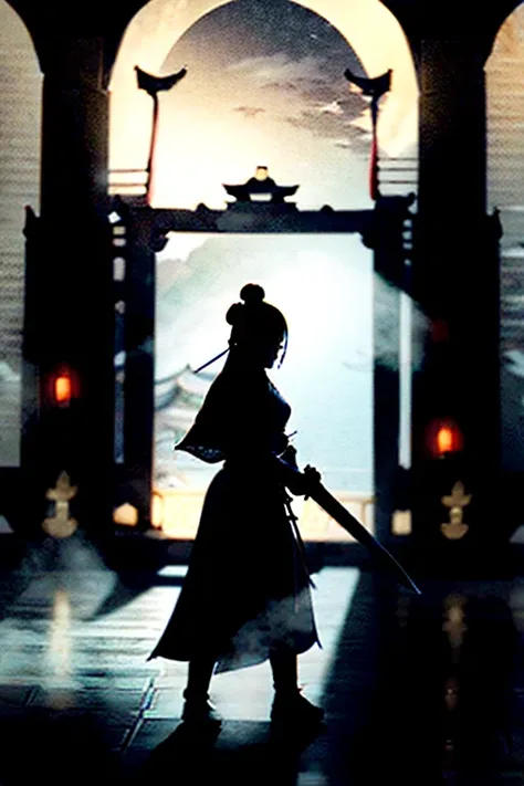 ((( best quality))),((( super detailed))),(((masterpiece))),Illustration,1 person,1 Female,Swordsman, Female Warrior, traditional Chinese costume , standing , ink style ,martial arts,Pose,rooftop,moonlight,  knight ,background,Ancient Chinese architecture,...