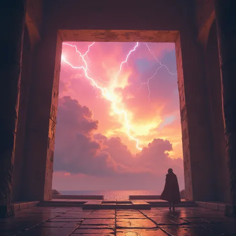 Thunder inside the square window of a temple without people and with pink and yellow clouds