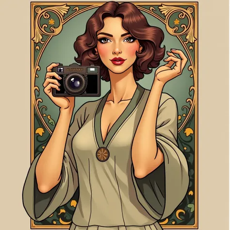 A vintage Art Nouveau-inspired logo design featuring a stylish woman facing forward, holding a vintage camera with both hands. She has a playful side up glance, and one hand shows a pinky up gesture, symbolizing sophistication. The frame is straight and sy...