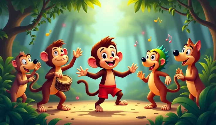 A lively jungle scene with cartoon animals dancing around. Theres a monkey playing a drum, a parrot whistling, and other animals clapping. Chintu is dancing happily among them.
