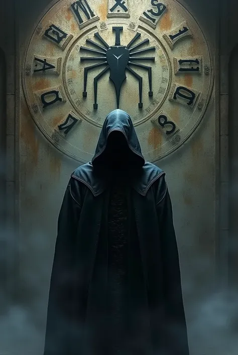  A man with a hood  , Faceless ,  in front of the 24 runes ancient Futhark with the bousol vegvisir 