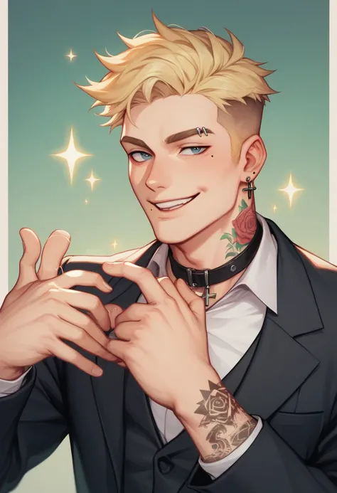 Blonde Hair Man with a mole under his left eye, a gilded smiley face with slightly drooping eyes, with earrings and a spiny tattoo stretching from the back of a long cross to the neck to the right jawline Im smiling because Im wearing a coat over a suit an...