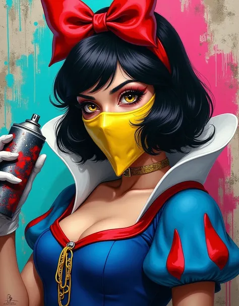 Street art portrait of rebellious Snow White in urban graffiti style, wearing black hair with iconic red bow, fierce yellow eyes with dramatic makeup, face covered with yellow bandana mask, wearing blue and red dress with graffiti artist style, holding spr...