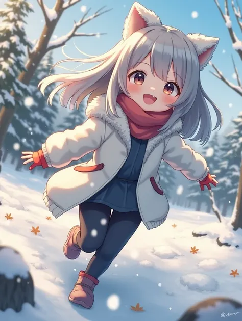 In the snow，Dog Ears Girl，Gray Hair，4-life illustration ，In the snowを走り回る，Throwing snow，playing，