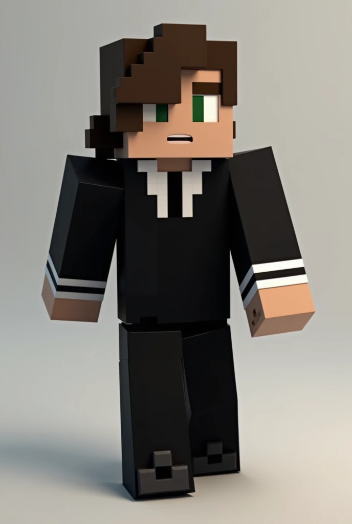 You have a Minecraft skin with medium wavy hair wearing a black suit that has two white stripes on both arms 
