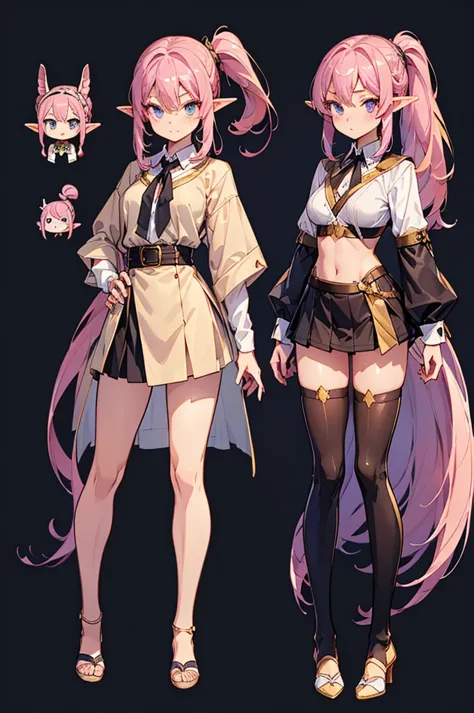  black background with spotlights, improve, Gal、  pointed ears、Elf、Wavy Hair、Braided Disheveled Hair , Half-up ponytail,Pink Hair,  beige cardigan ,  check skirt, medium breast,sketch ( character design sheet ,Mr.々Face, same characters, whole body, Three V...