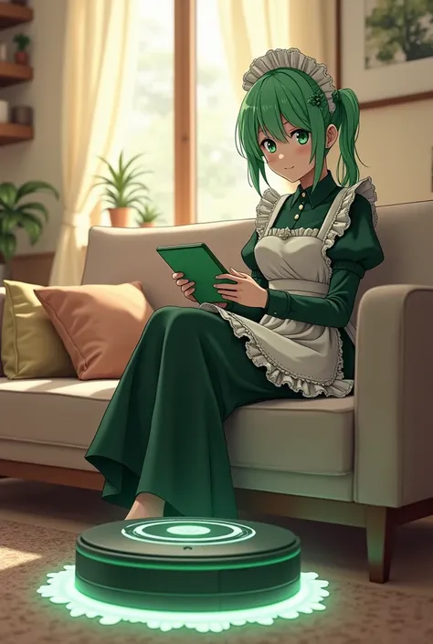 dark green anime maid sitting on the sofa and hold a tablet to control a cleaning robot have a rotary mop pad to cleaning the floor