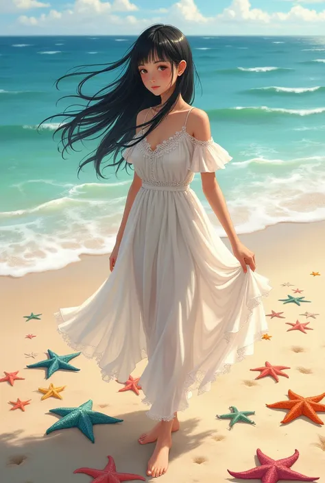 Black-haired girl on the beach wearing clothes on the beach with lots of starfish