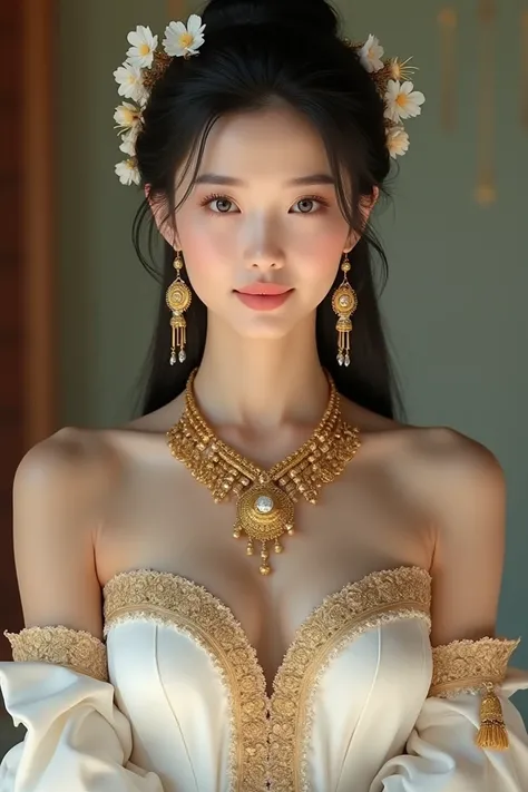  This is a high-resolution photo of a good-looking Thai girl, 25-30 years old, standing outdoors in a historical setting. She has fair skin and straight black hair, styled in an elegant hairstyle, adorned with delicate floral hair ornaments. Her face looks...