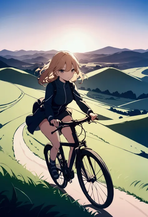 Anime style: a girl on a bike riding down a hill with a beautiful landscape in the background