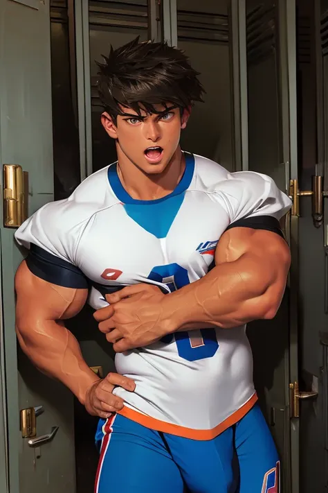 Jounouchi Katsuya from Yu-Gi-Oh, bodybuilder, sweaty, defined body, big legs, locker room, leaning against the lockers, wearing football uniform, vapid stare, sweaty body, big bulging crotch, shoulder pads, football jersey, football cleats, football pants,...