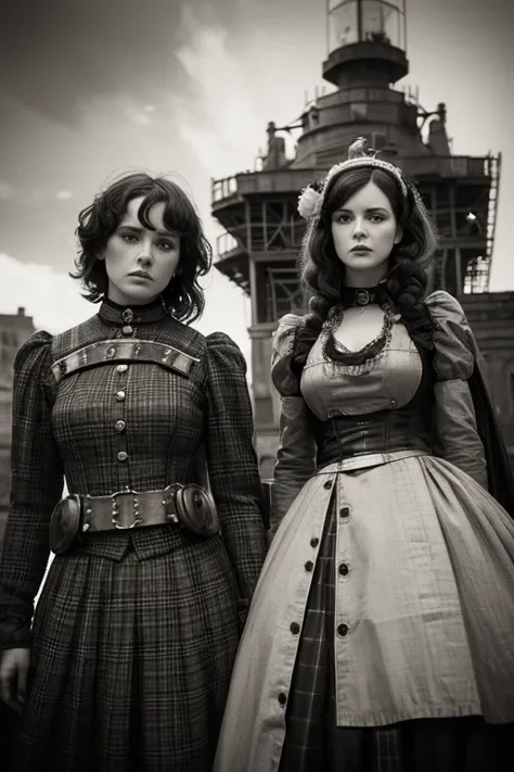  robots and costumed women side by side, Inspired by Victorian science fiction, Hugh Kretschmer, Checkered clothing,  wearing decorative armor , Daguerreotype, Photographed in 2009,  cinematic widescreen footage ,  Black and white color photo , Fashion pho...