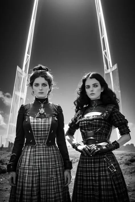  robots and costumed women side by side, Inspired by Victorian science fiction, Hugh Kretschmer, Checkered clothing,  wearing decorative armor , Daguerreotype, Photographed in 2009,  cinematic widescreen footage ,  Black and white color photo , Fashion pho...