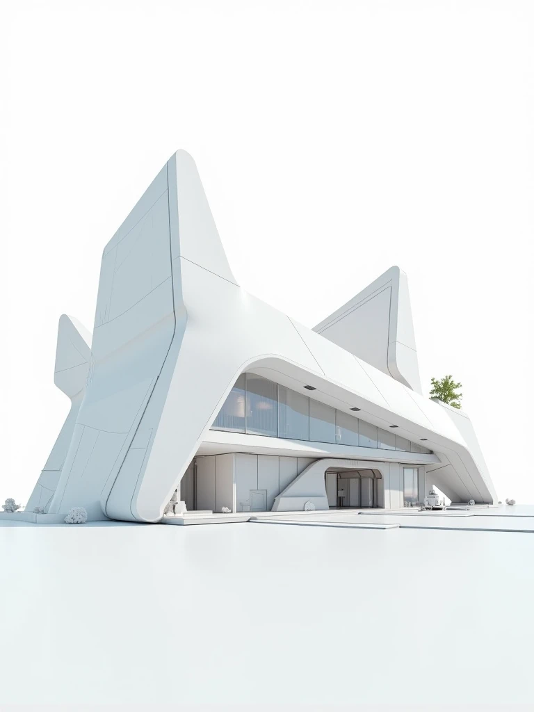 Futuristic building, medium size, wide type, in white background