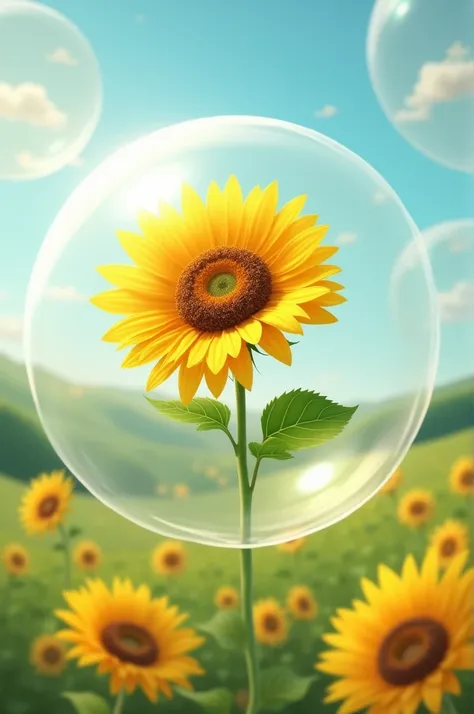 Sunflower in bubble. May bubble. In every bubble, there is one sunflower. The bubble flying around, in the summer, with breeze, 