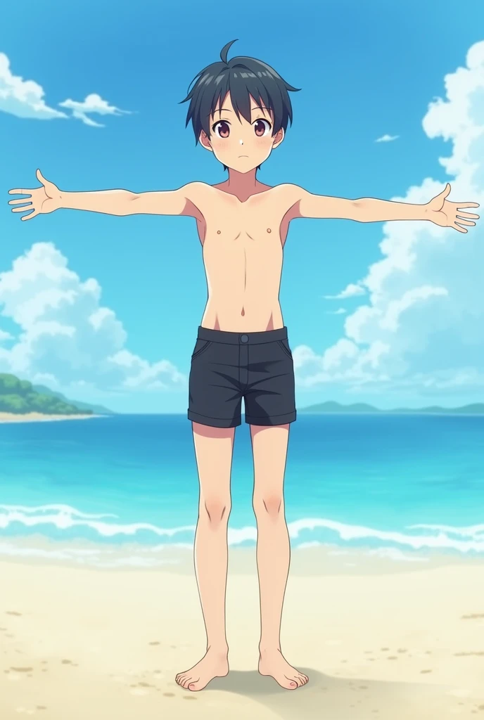 a slender shota anime style 
 in T pose with arms outstretched full body HD He is wearing underwear black shorts He is shirtless because he is going to the beach.