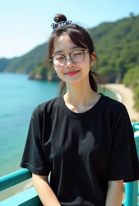 Prompt:Casual outdoor Portrait, Front Angle, Eye-level Shot A young Asian woman enjoying a sunny day by the ocean, standing confidently with a soft smile and closed eyes. She wears a black t-shirt oversize Fitted collar,  adding a playful contrast. Her cas...