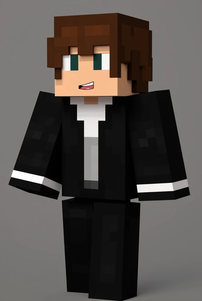 You have a Minecraft skin with wavy brown hair wearing a black suit that has two white stripes on both arms around the elbows 
