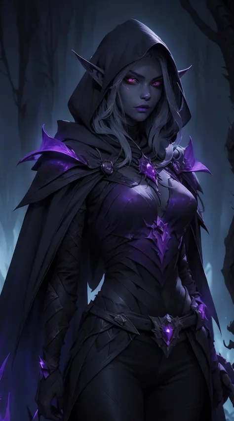 drow, female, pointed ears, long hair, wearing a hooded cape and a belt, gray skin, red eyes, and a mysterious expression while ...