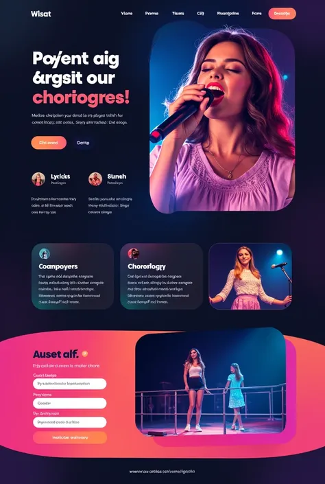 I need a vibrant and bold web landing page for my website, focused on showcasing a music composer, lyricist, singer and choreographer portfolio. The design should be creative and artistic, reflecting the nature of the content and the profession.

Key Featu...