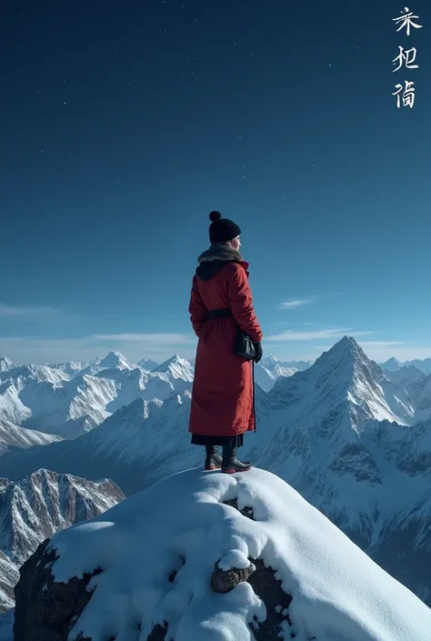  Chinese teenage woman from Nepal dressed from the 1950s on the top of the snowy mountain fainted, Its nighttime and you can see the stars . The focus is far away ,  in that you can see how tall the mountain was