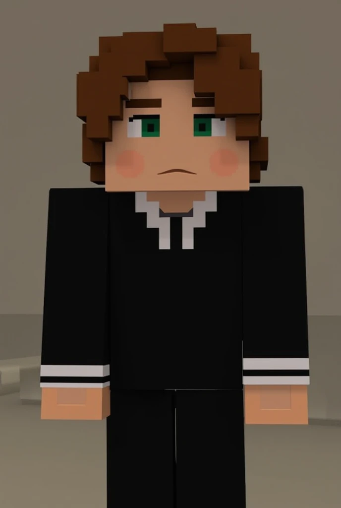 You have a Minecraft skin with wavy brown hair wearing a black suit that has two white stripes on both arms around the elbows 
