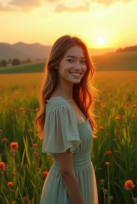 A beautiful girl in the field , at green area smile and watching the sunset